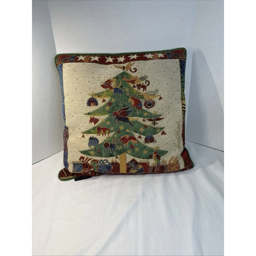 Laurel Burch Christmas Cat Tapestry Throw Pillow 18